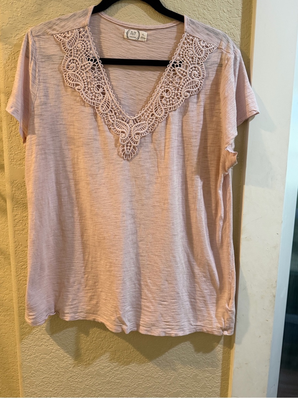 Maurices Light Pink Short Sleeve Tee with Crochet V-Neck